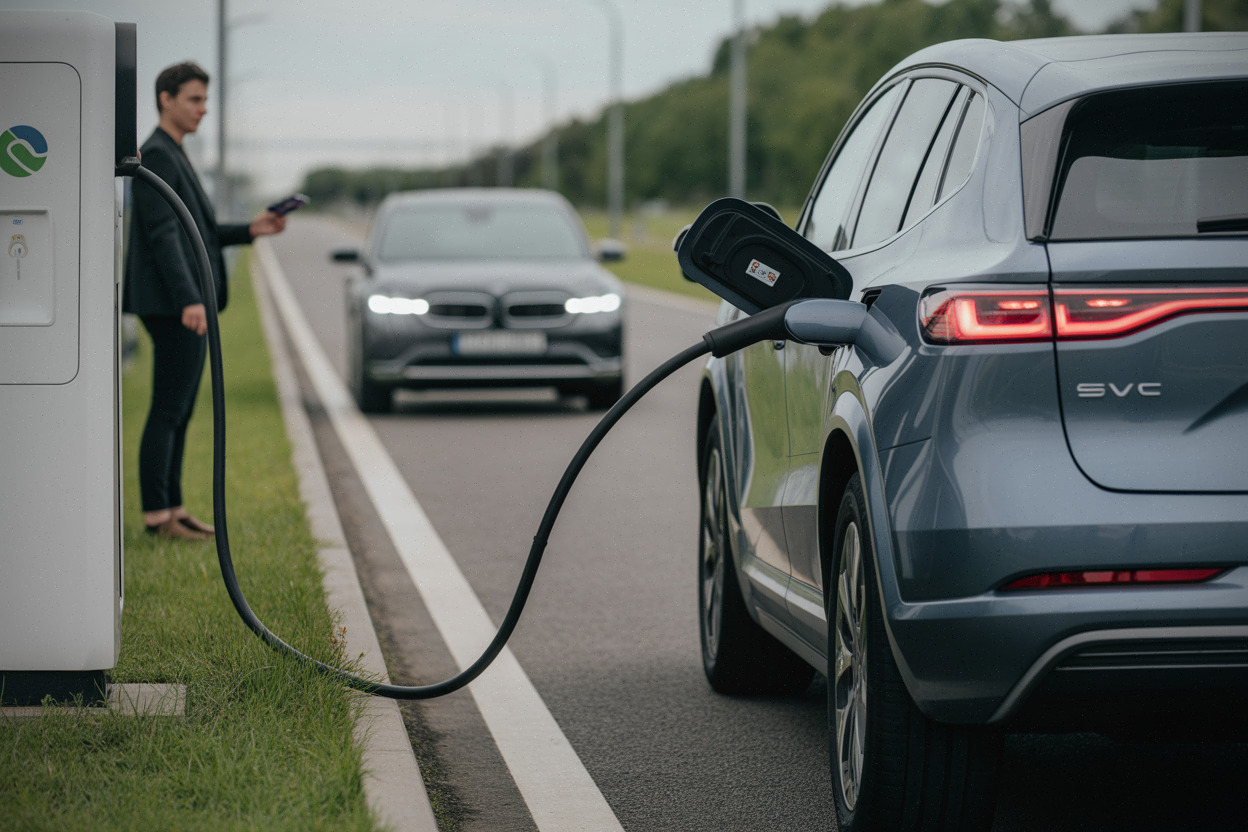 Recharge rapide d’un SUV électrique sur aire d’autoroute en France