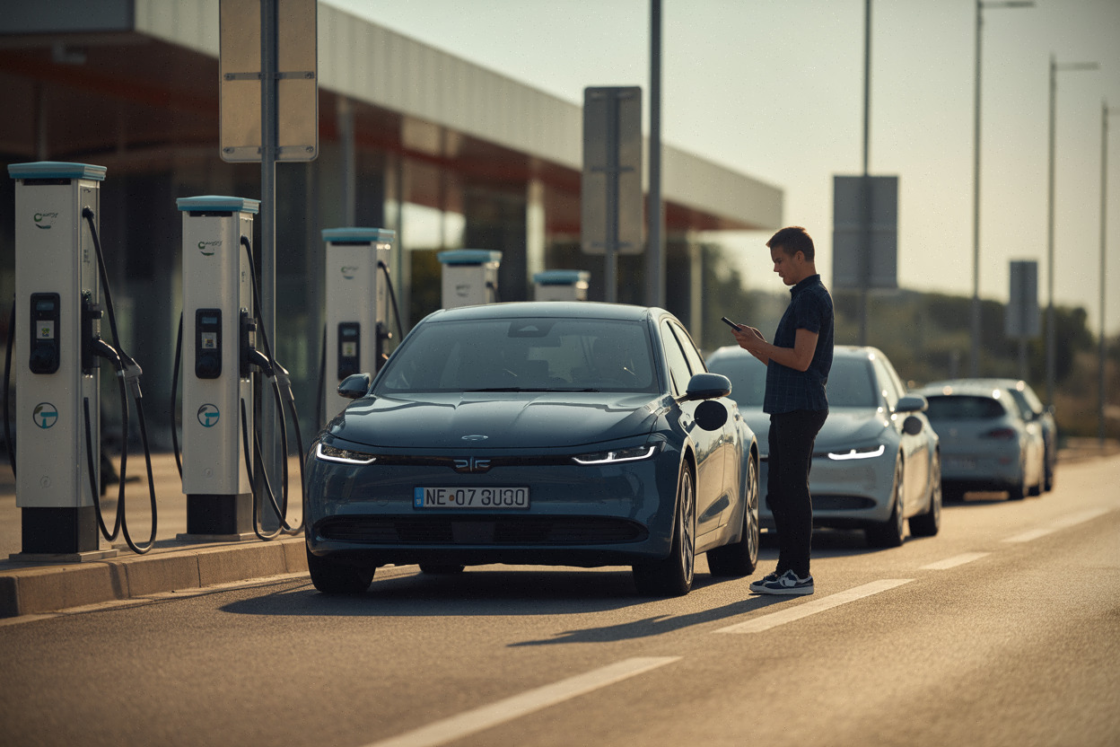 Aire d’autoroute avec recharge rapide sur la Côte d’Azur en été