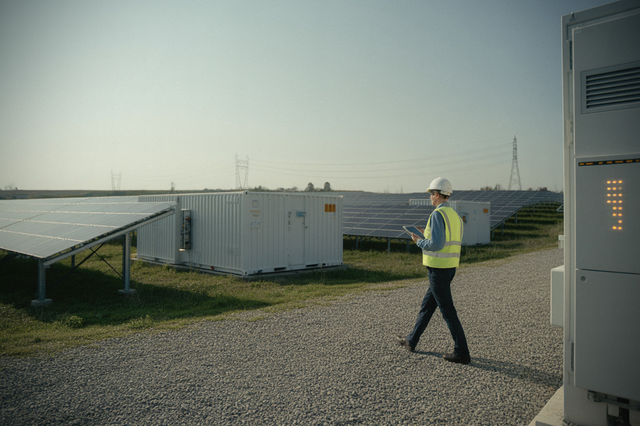 Centrale solaire avec batteries de stockage et poste électrique pour intégration réseau