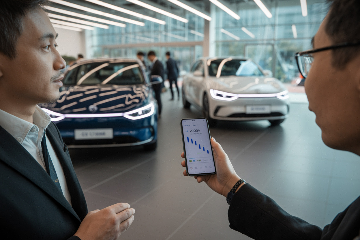 Client compare les prix de voitures électriques dans un showroom chinois