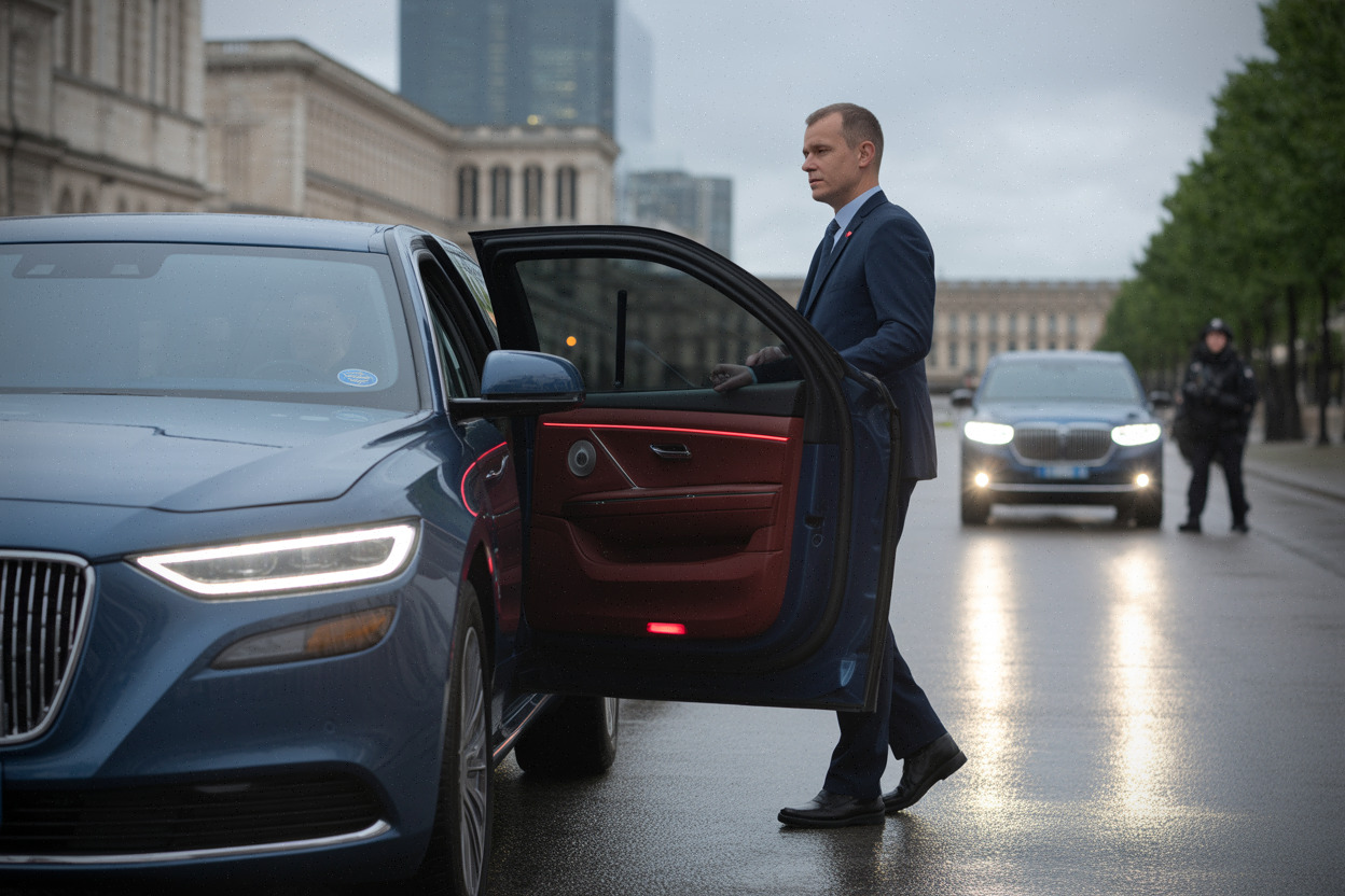 Voiture présidentielle électrique avec agent de sécurité lors d’un déplacement officiel