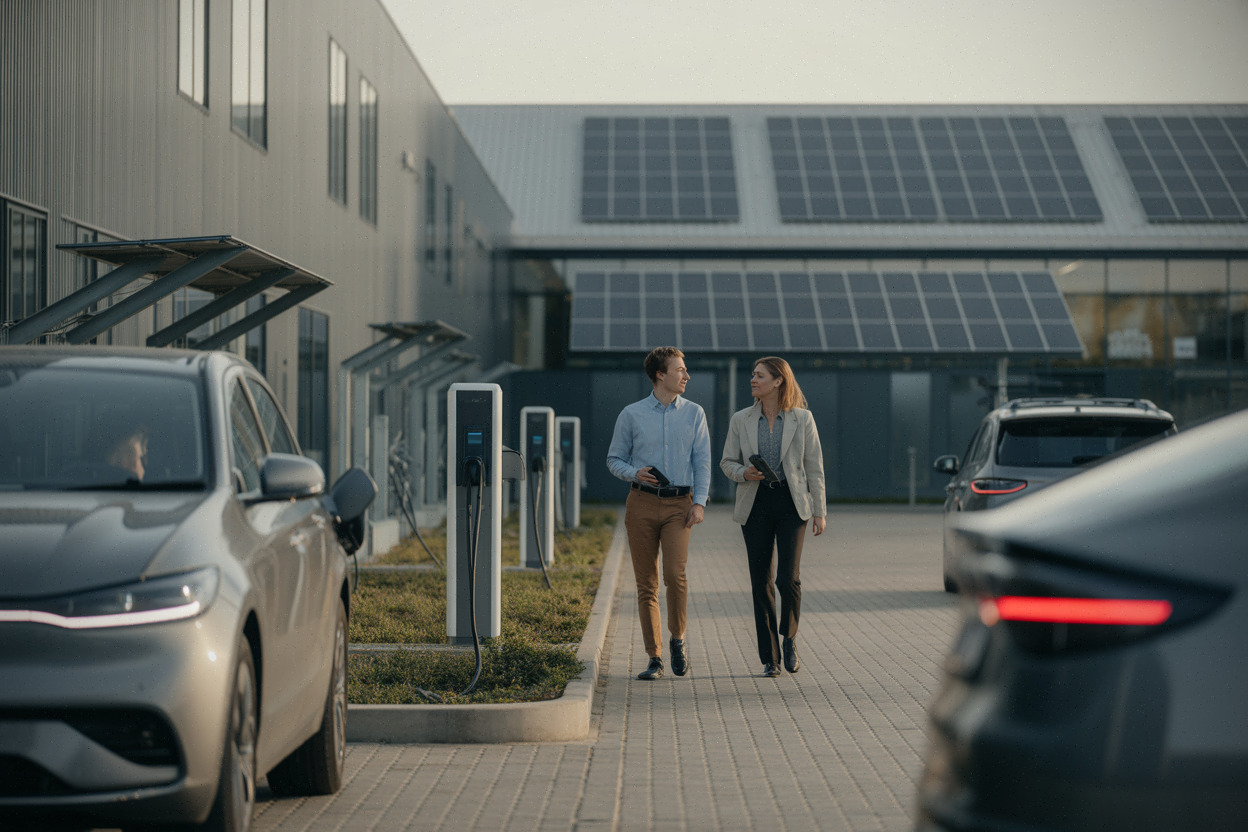 Bâtiment d’entreprise équipé de panneaux solaires et bornes de recharge