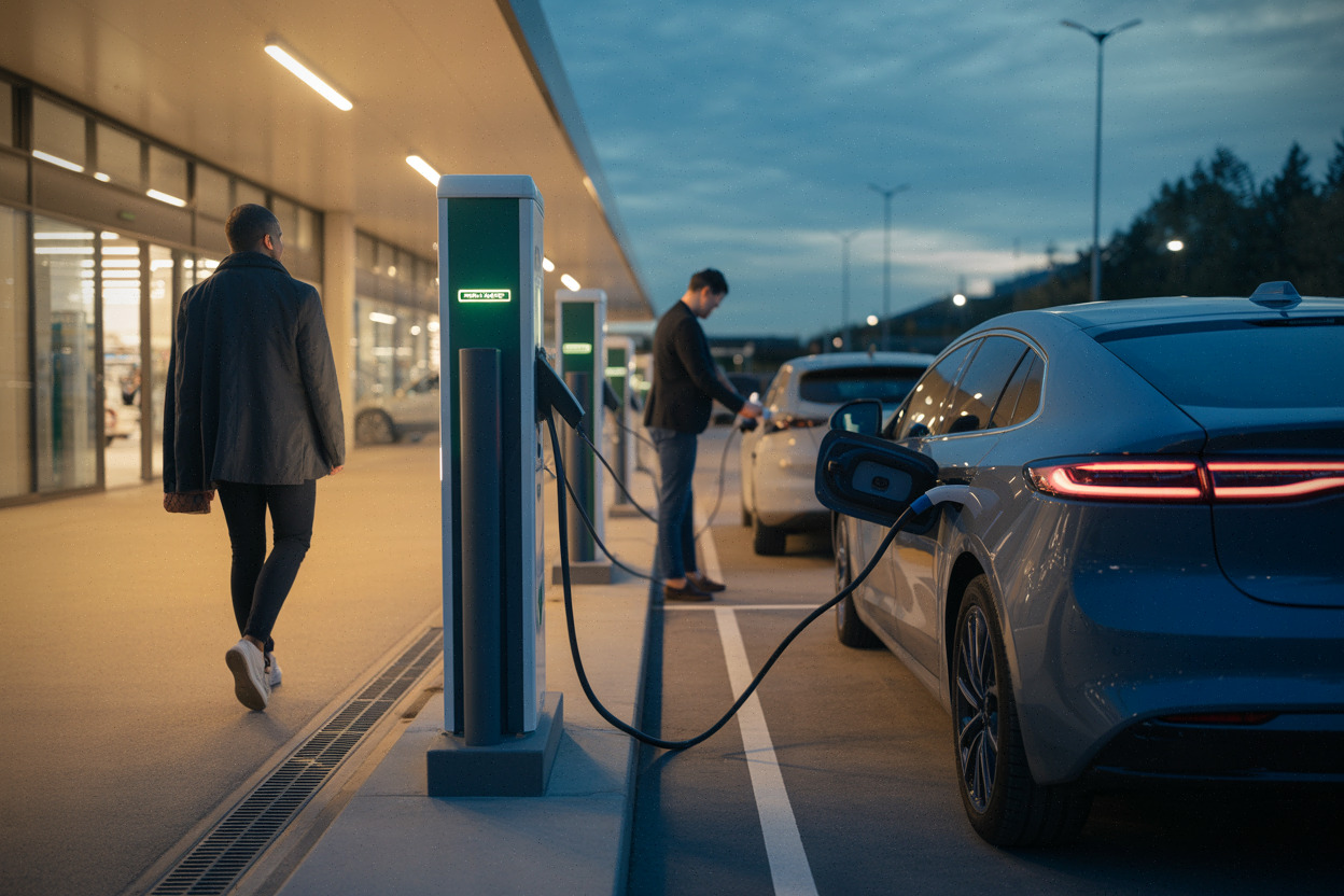 Recharge voiture électrique en supermarché, bornes rapides et clients sur parking