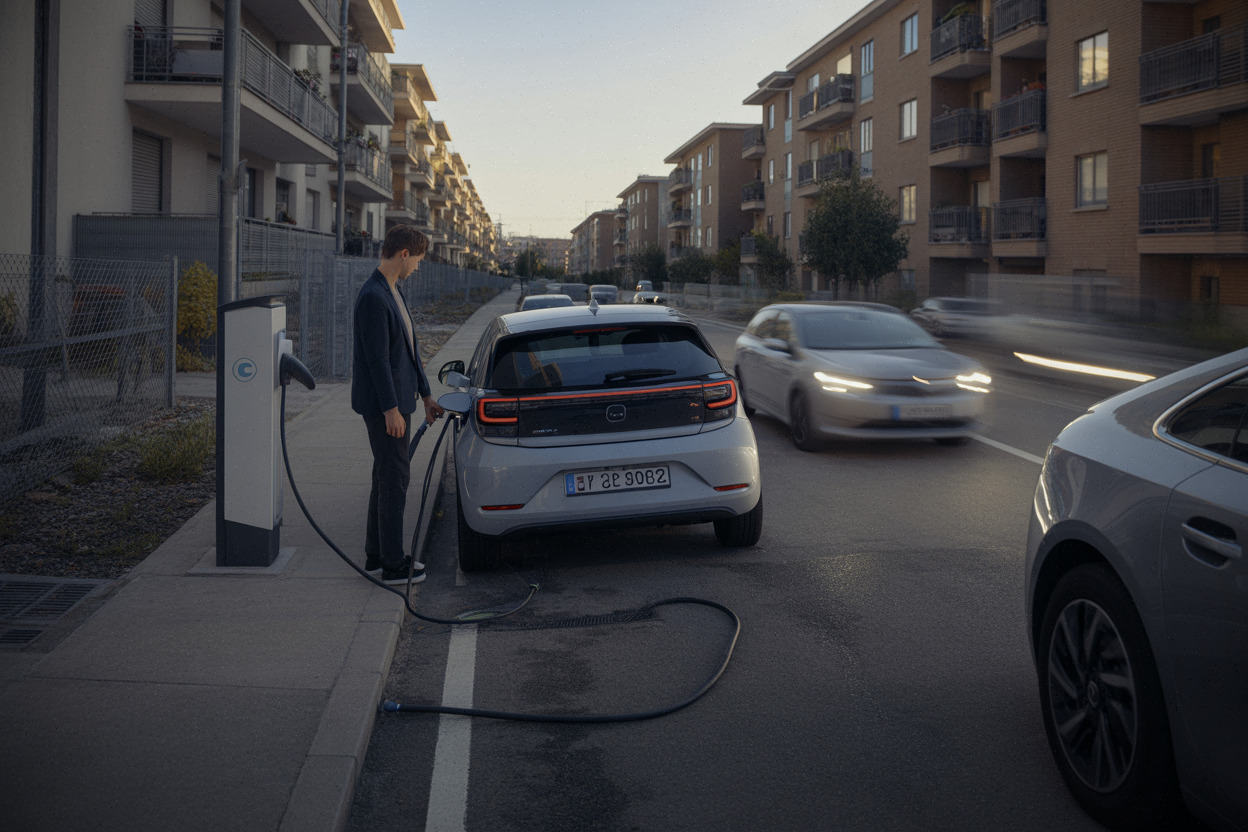 Recharge en voirie, conducteur branche sa voiture électrique en ville