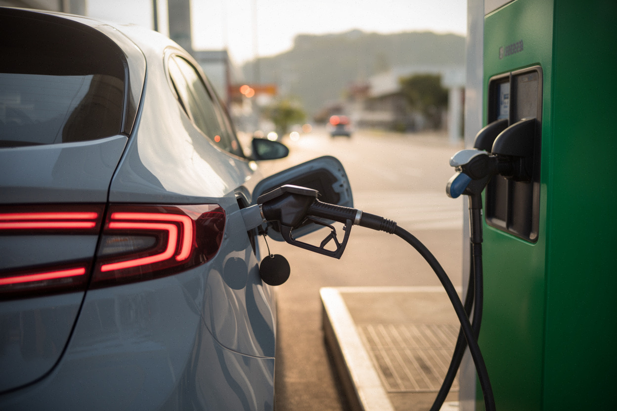 Station-service brésilienne illustrant l’éthanol et la recharge hybride rechargeable
