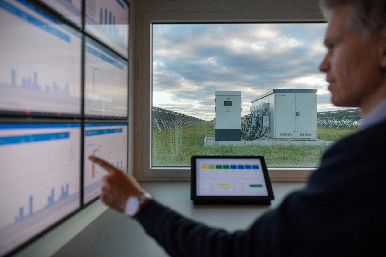 Salle de supervision photovoltaïque avec pilotage stockage et prévisions IA