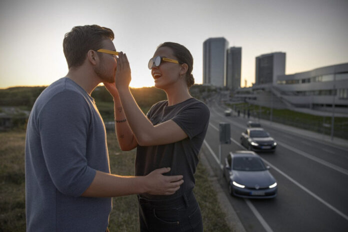 Des spectateurs observent l’éclipse solaire au coucher du Soleil en France