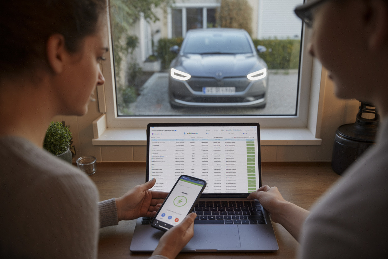 Ménage français calculant le coût total d’usage d’une voiture électrique