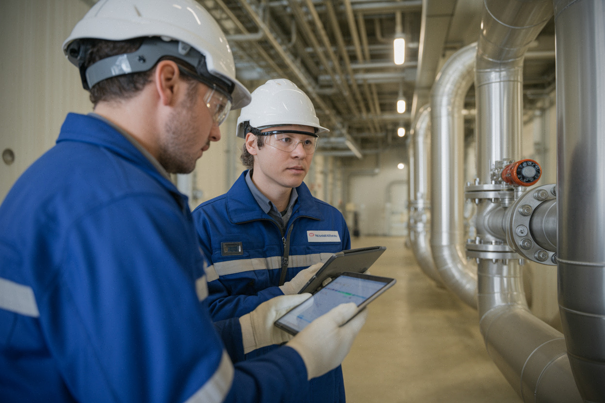 Ingénieurs inspectant des équipements nucléaires avec tablette en centrale moderne