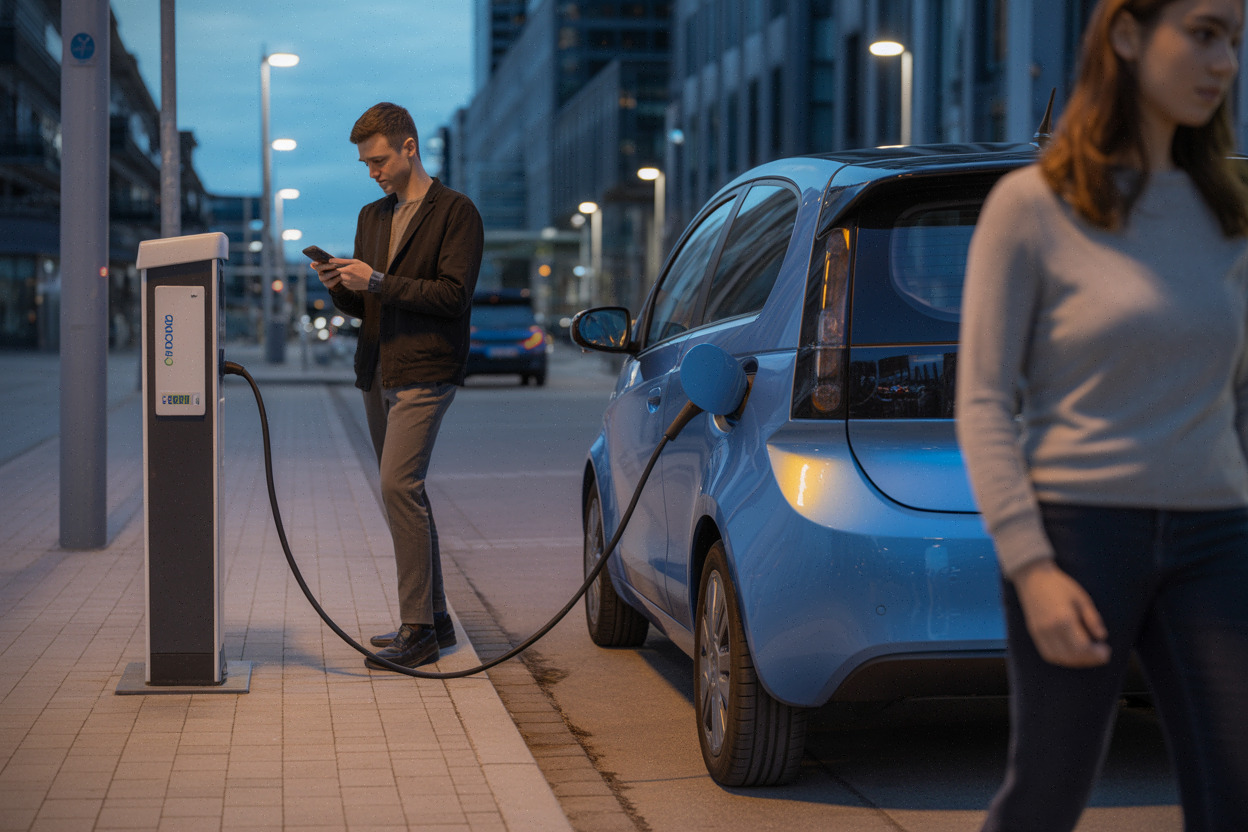 Recharge d’une petite citadine électrique en ville, usage quotidien