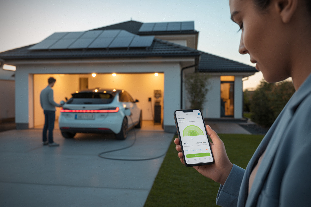 Maison avec panneaux solaires, batterie et recharge de voiture électrique pilotée