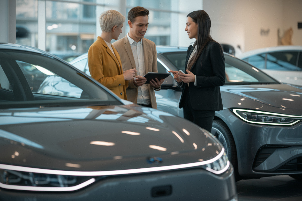 Showroom automobile, clients comparent des modèles électriques en 2026