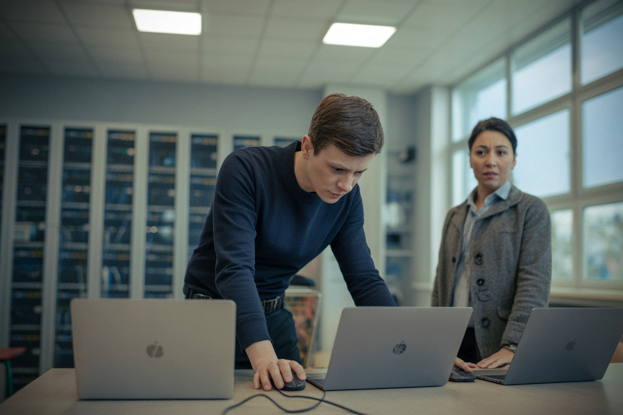 Technicien scolaire réinitialise des accès informatiques dans un lycée moderne