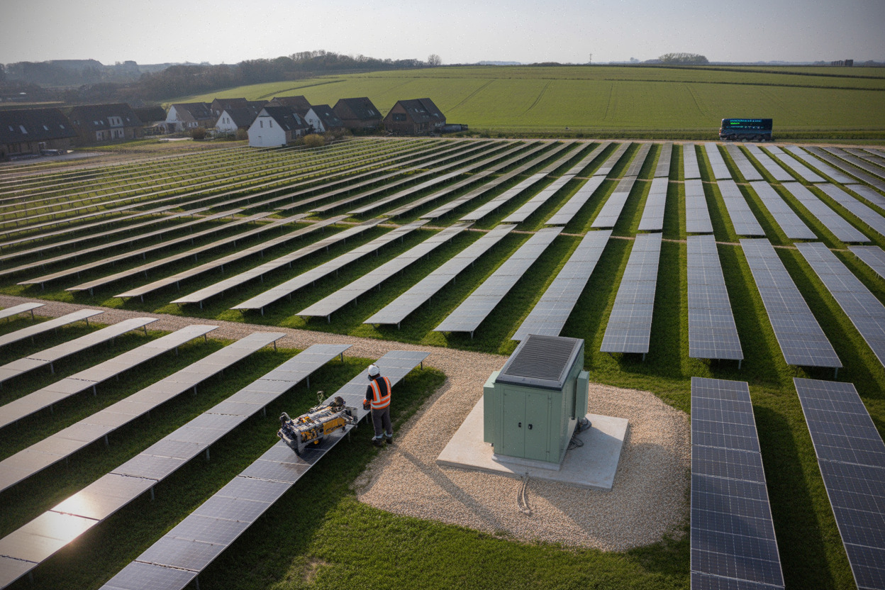 Centrale photovoltaïque près de Caen, panneaux alignés sur 15 hectares