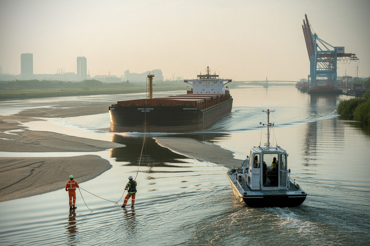 Barge ralentie sur le Danube à bas niveau près d’un port