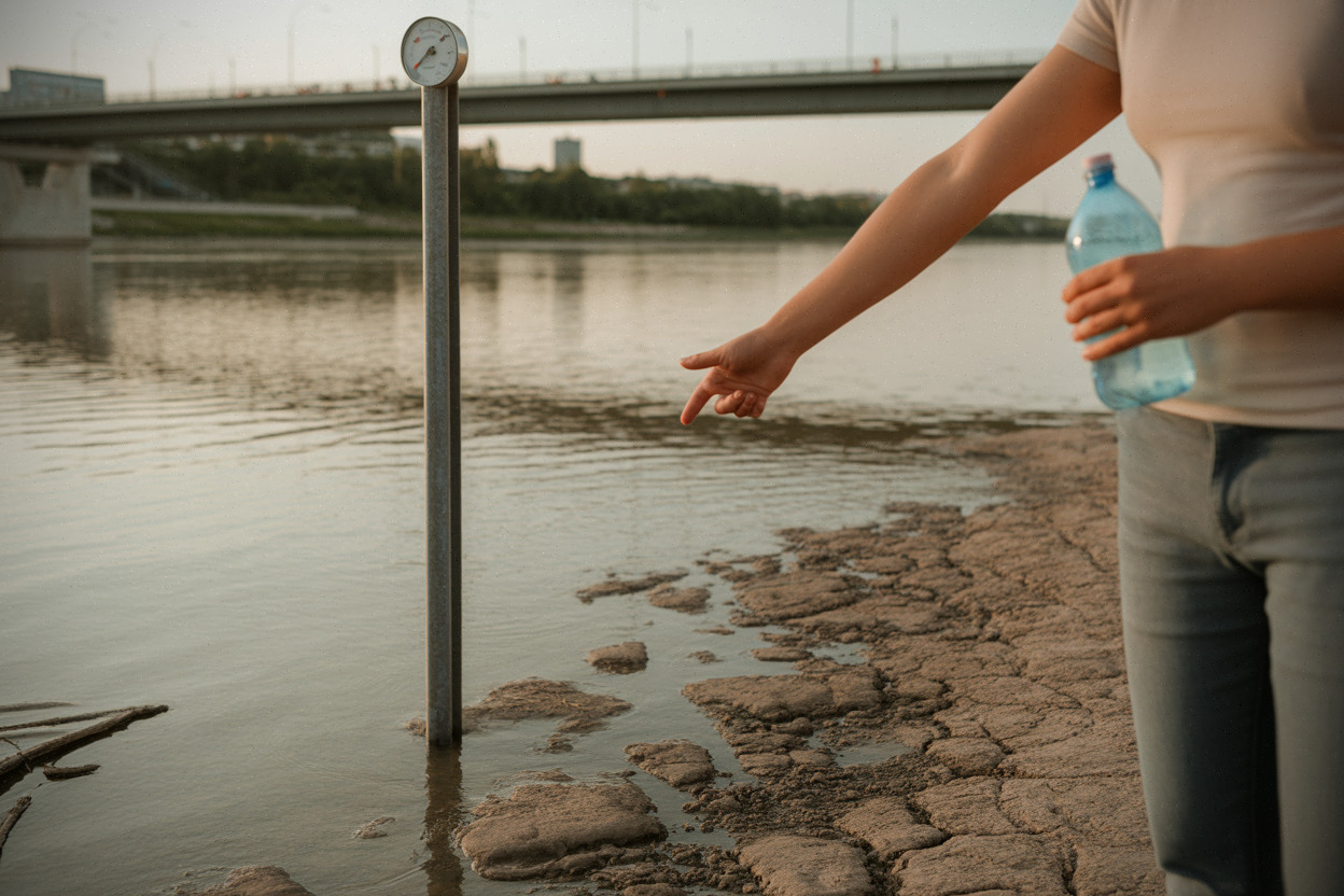 Berges du Danube asséchées près de Paks, niveau d’eau très bas