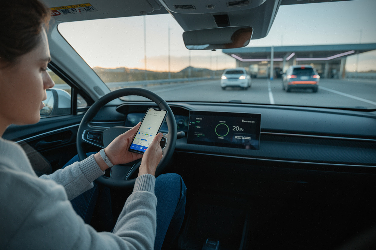 Conducteur planifiant une recharge sur autoroute en voiture électrique