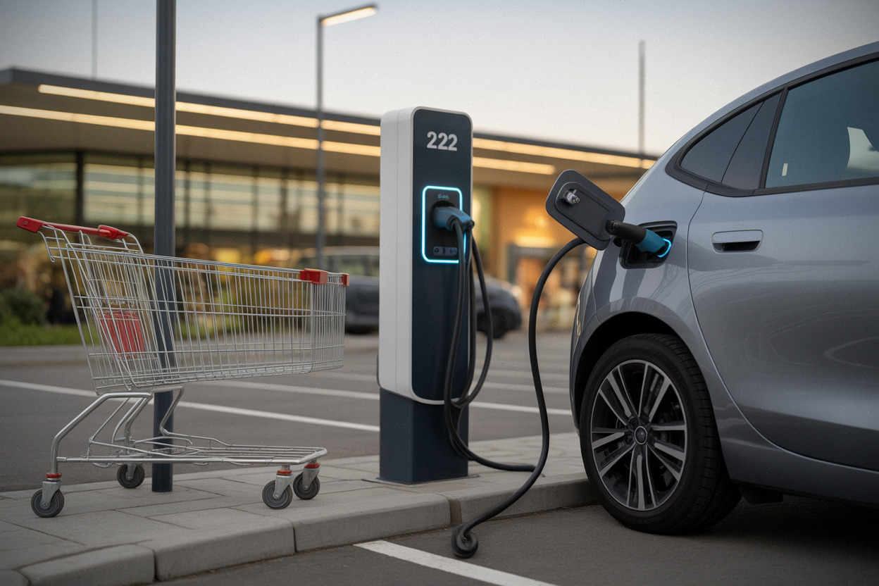 Recharge 22 kW sur parking de supermarché, branchement en cours