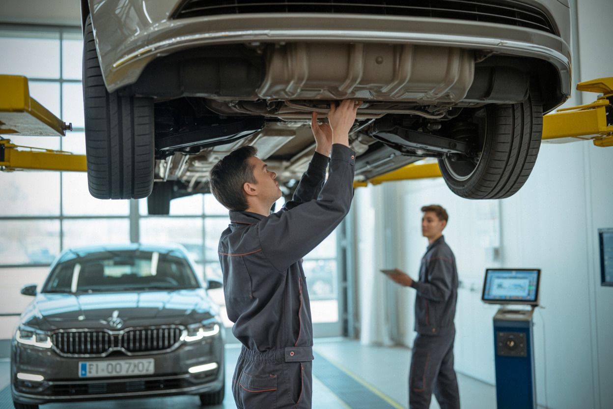 Contrôle technique d’une voiture ancienne dans un centre moderne
