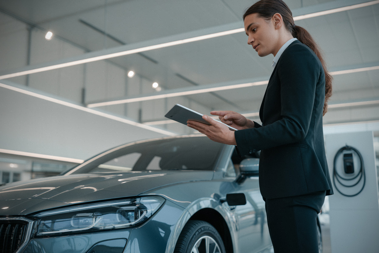 Client et vendeur évaluent une voiture hybride en concession moderne