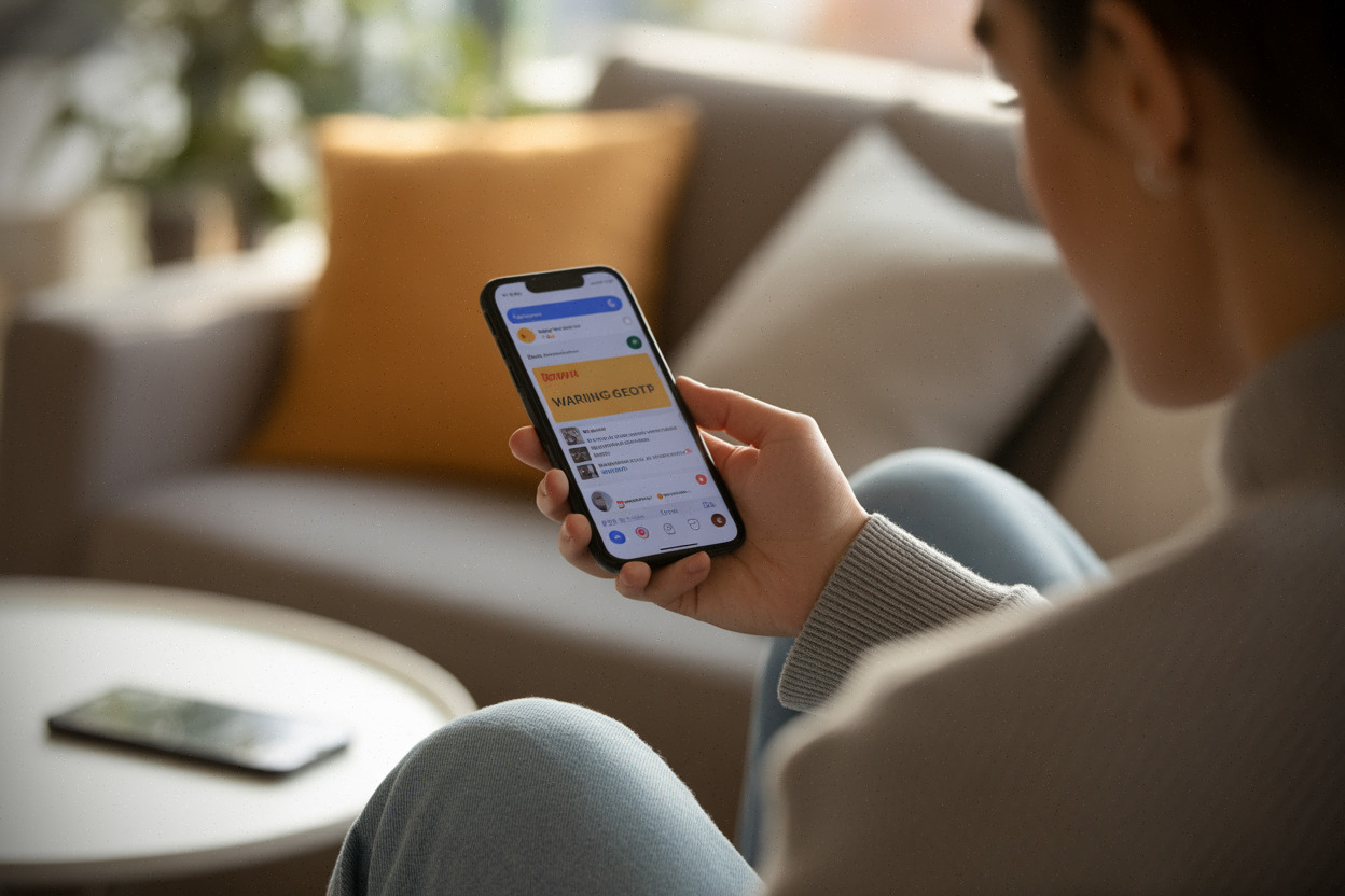 Utilisateur sur smartphone face aux labels de contenu généré par IA