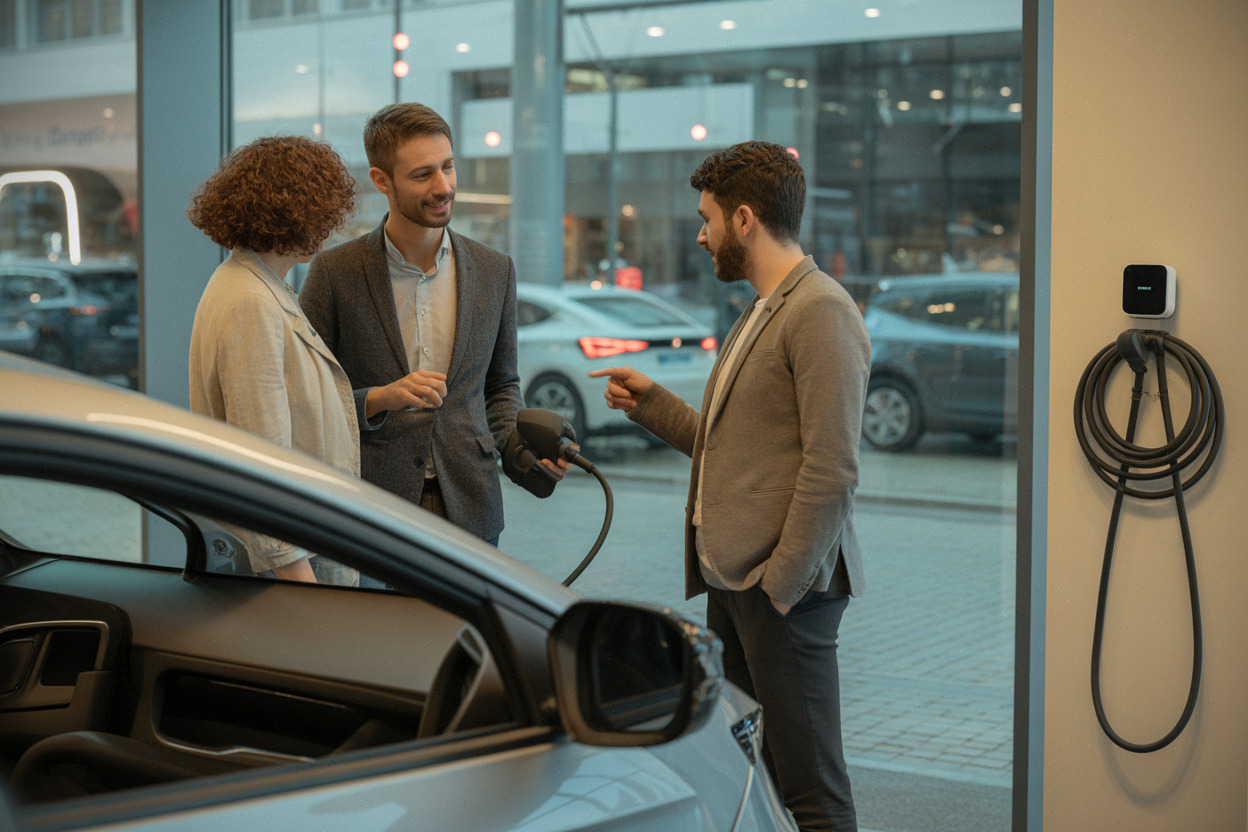 Conseiller en concession expliquant une voiture électrique à des clients