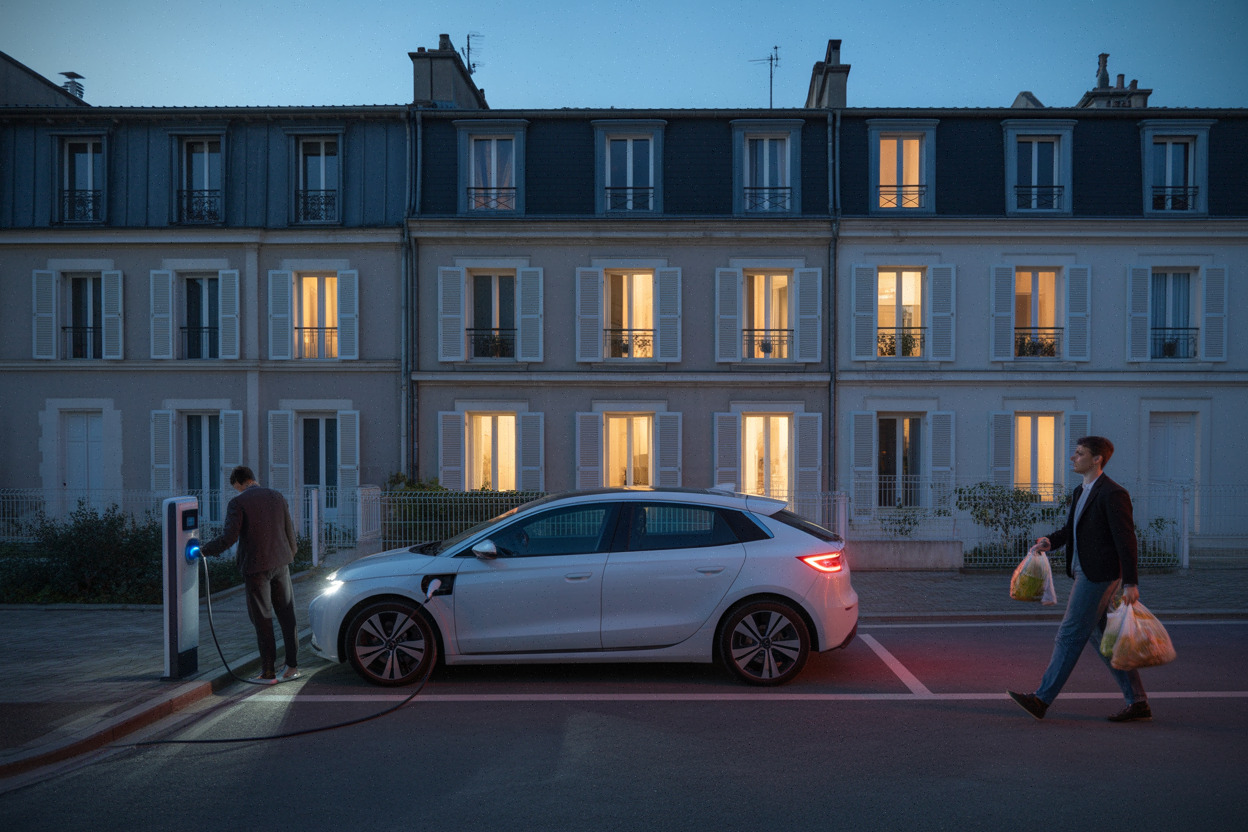 Consommation électrique du soir, voiture électrique en charge et immeuble résidentiel