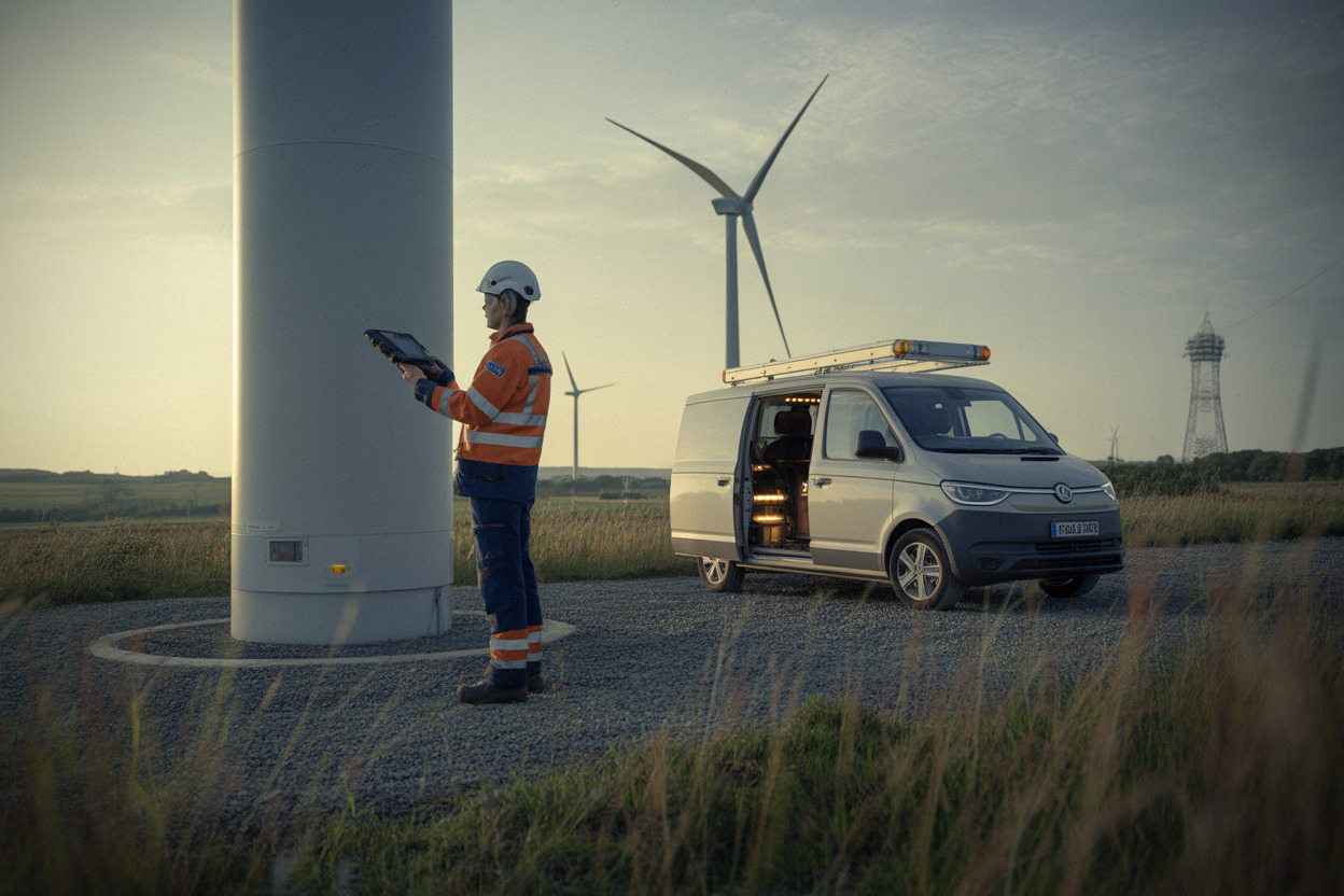 Parc éolien terrestre en Europe, technicien inspectant une turbine en 2026